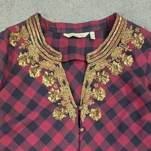Soft Surroundings Webster Plaid Burgundy Black Beaded Sequin Neck Tunic - Picture 4 of 8